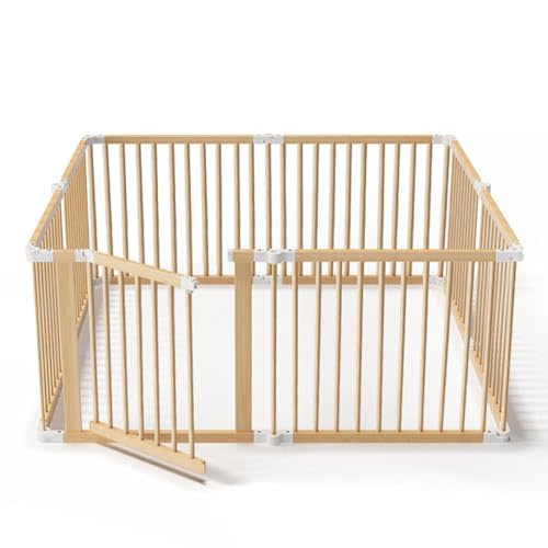 Jimberbay Wooden Playpen, 57"x57"x24" Size Foldable Baby Fence Portable Tools Free, Adjustable Playard for Babies and Toddlers with Safety Locking Gate