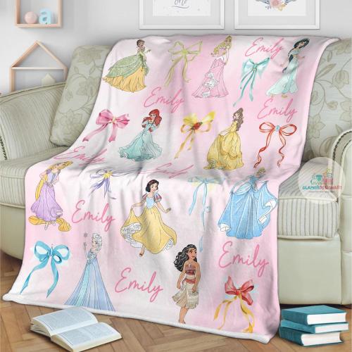 Personalized Watercolor Coquette Bows Disney Princess Blanket, WDW Disneyland Baby Girl Trip Blanket, Disney Princess Birthday Girl Blanket