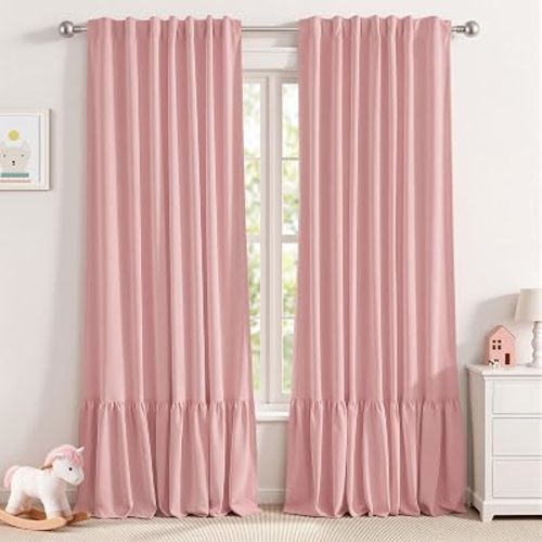 Ruffle 100% Blackout Curtains,Double Layer,2 Panels,Pink,52x84