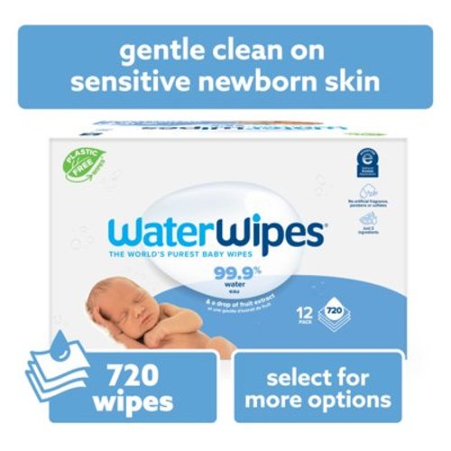 WaterWipes Original Baby Wipes, 99.9% Water Based, Fragrance-Free, for Sensitive Skin, 12 Packs (720 Wipes)