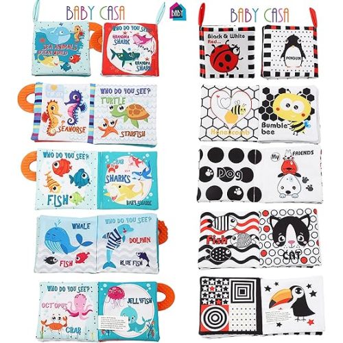 High Contrast Baby Books, Cloth Crinkle Books for Babies Infant Baby Books Toys 0-3-6-12-18 Months, Christmas Shower Baby Gifts, Teething,Sensory Toy for Boys and Girls,Fish,Black and White 2PCS