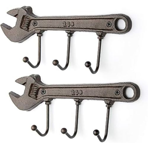 Antique Key Holders, Wrench Triple Wall Hooks, Decorative Vintage Coat Hat Hooks Rack Hangers, Heavy Duty Cast Iron Retro Storage Organizer with Rustic Hooks, Brown, 2 Pack