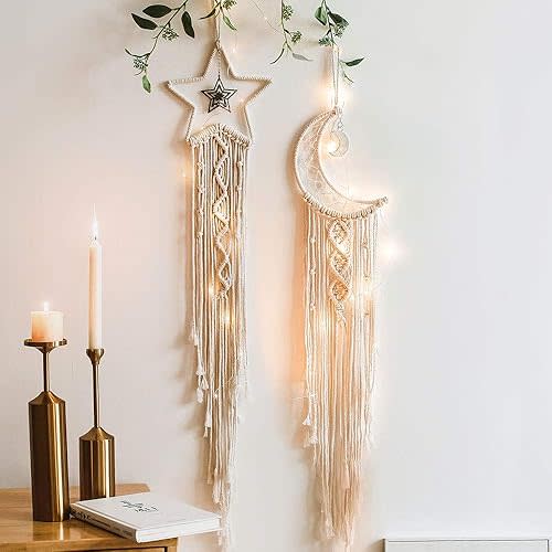 Dreamcatcher Star Moon Lighted Boho Dream Catchers for Adults Nursery Decor Room Decor Home Decor Gifts for Women and Girls 2pcs.