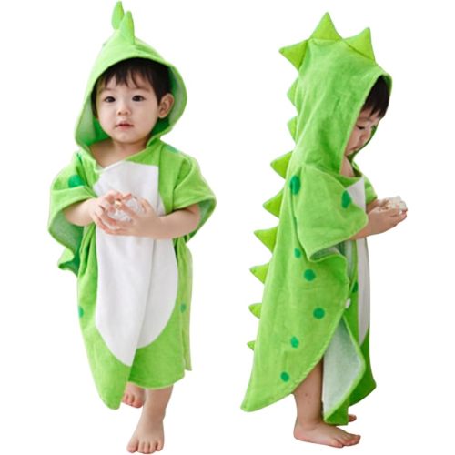 MICHLEY Cotton Baby Bath Towel with Hood Animal Pattern Poncho Towels for 0-4 Years, Green Dinosaur - 0-4T