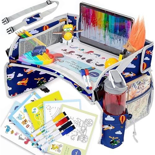 PILLANI Kids Travel Tray for Car - Car Seat Tray for Kids Travel, Road Trip Essentials, Carseat Table for Roadtrip Activities - Must Have Toddler Lap Desk Organizer for Airplane - Travel Accessories