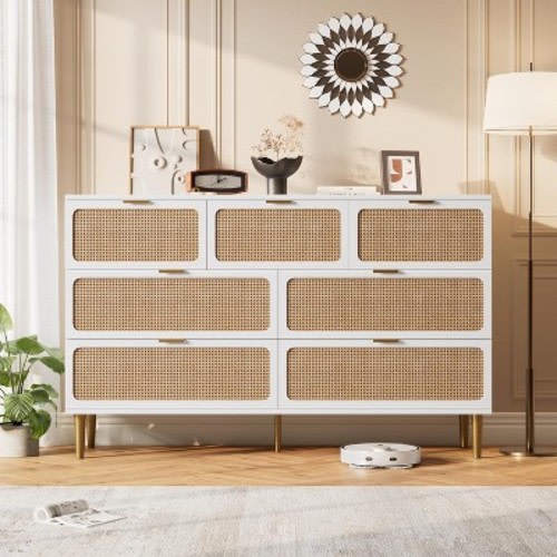 Rattan 7 Drawer Dressers for Bedroom, Tall Dresser with Deep Drawers, Large Chest of Drawers for Closet with Wide Top, Long Wooden Dresser, White