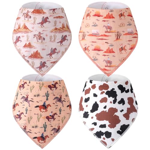VitalCozy 4 Pcs Western Cowboy Baby Bandana Bibs Newborn Infant Feeding Drool Bibs Wild West Cotton Bib for Drooling and Teething Nursery Burp Cloths for Girls Boys