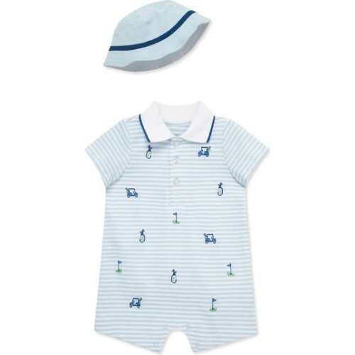 Stripe Golf Embroidered Cotton Polo Romper & Hat Set, 9M