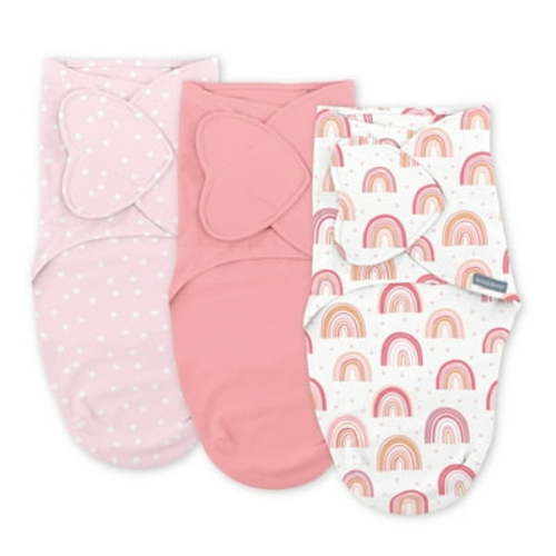 SwaddleMe by Ingenuity Monogram Collection Baby Swaddle, 100% Cotton, 0-3 Months, Pocket Fold Design for Easy Changes, 1.0 TOG, 3-Pack - Rainbow
