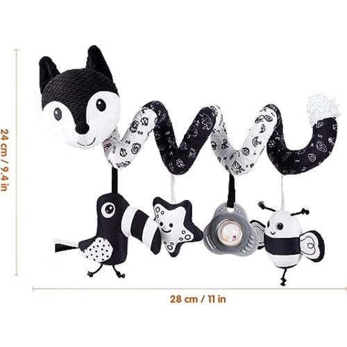 Car Seat Toys, Infant Baby Black Fox Spiral Plush Activity Hanging Toys for Car Seat Stroller Bar Crib Bassinet Mobile with Music Box BB Squeaker and Rattles(Black)