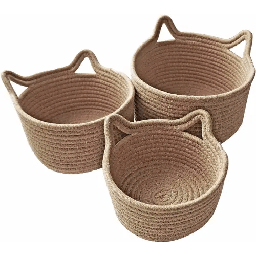 Small Cotton Rope Basket With Cat Ears, Cute Little Storage Baskets Mini  Storage Bins Little For Desk Dog Cat Toy