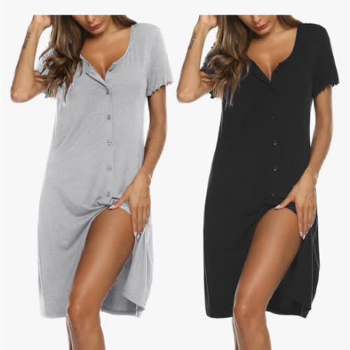 Ekouaer 2 Pack Nightgowns for Women Button Down Night Shirts Short Sleeve Sleep Shirts V Neck Sleepwear Pajama Dress