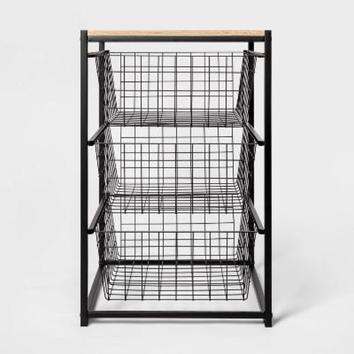 3 Drawer Organizer Black Metal with Natural Wood - Brightroom™: Decorative Storage Drawers, Bedroom Dresser, Anti-Tip