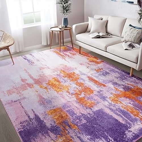 Area Rug 5x7 Washable Rugs Modern Abstract Area Rug Soft Non-Slip Non-Shedding Faux Wool Stain Resistant Floor Carpets for Living Room Bedroom Dining Room Kids Room Home Office (Purple, Multi)