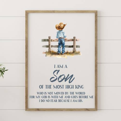 Christian little cowboy wall art | I am a son of the Most High King | Western boy room wall decor | Farm boy wall art | Digital Download |