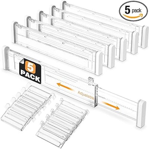 HiYZ Adjustable Drawer Dividers with Inserts - Expandable 12.6''-22.8'' Kitchen Drawer Organizers Separators for Utensils, Tools, Clothing, Socks, Dresser- 5 Long Dividers with 10 Inserts(3.9''-7.1'') - Clear - 5*Long Dividers + 10*Inserts