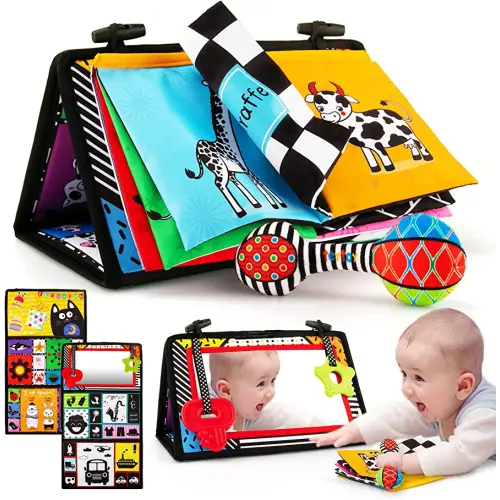 3-in-1 Tummy Time Mirror Toys with Soft Crinkle 3D Activity Book,Teethers, Rattle,High Contrast Black and White Montessori Baby Crawling Toys Developmental Newborn Infant Sensory Toys Gift 0-12 Months