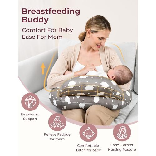 Momcozy Nursing Pillow for Breastfeeding, Original Plus Size Breastfeeding Pillows for More Support for Mom and Baby, with Adjustable Waist Strap and Removable Cotton Cover, Grey