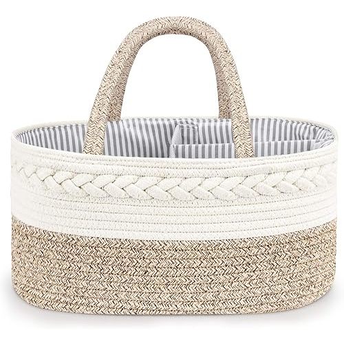 Maliton Baby Diaper Caddy Organizer, X-Large Cotton Rope, Rustic Style, Portable, 3 Compartments, A-Brown