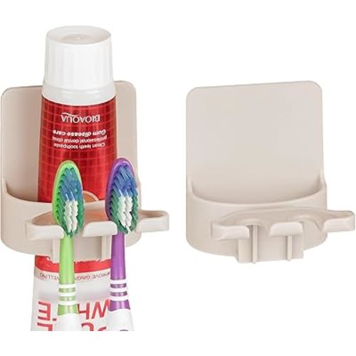 2 PCS Self-Adhesive Toothbrush Holders Wall Mounted, Water Proof Toothbrush Hook, 3 in 1 with Toothbrush Hanger Toothpaste Holder and Gargle Cup Holder for Bathroom Shower (Beige)