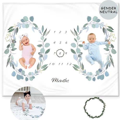Twins Baby Monthly Milestone Blanket – Soft Fleece Baby Month Blanket – Eucalyptus Leaves Design – Gender Neutral for Twin Boys or Girls, Baby Shower Nursery Decor, Twin Baby Essentials, 50x40