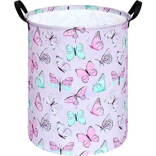 KUNRO Round Laundry Gift Basket Storage Hamper, Clothes Storage Organizer Bins, Shelf Basket with Handles for Room Decor (Purple Butterfly)