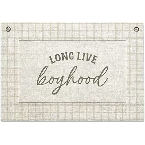 Long Live Boyhood Banner – Boy Room Decor Linen Banner Hanging Flag Retro Pink for Nursery Playroom Wall Art Decor for Kids Bedroom Dorm Toddler Decorations (Green Plaid1)