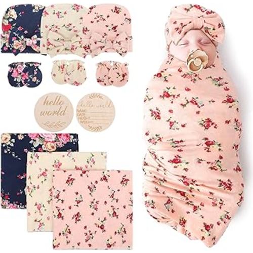 DRESHOW BQUBO Floral Swaddles for Baby Girl Newborn Receiving Blanket with Bow Hat Mittens Wooden Birth Announcement Card Set Baby Floral Print Swaddle Nursery Swaddle Wrap