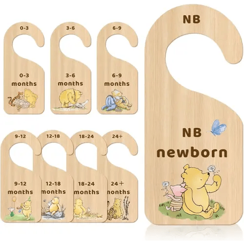 Classic Winnie Baby Closet Dividers, Pooh Bear Double Sided Baby Clothes Organizer for Baby Nursery Decor Wooden Hanger for Newborn Baby Stuff from 0-24+ Months - 8 Pcs