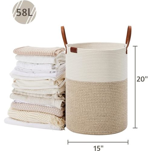 VIPOSCO Tall Laundry Basket, Large Dirty Clothes Hamper with Leather Handle, Woven Rope Storage Basket for Blanket, Toy In Living Room, Bathroom, Bedroom - 58L White & Brown