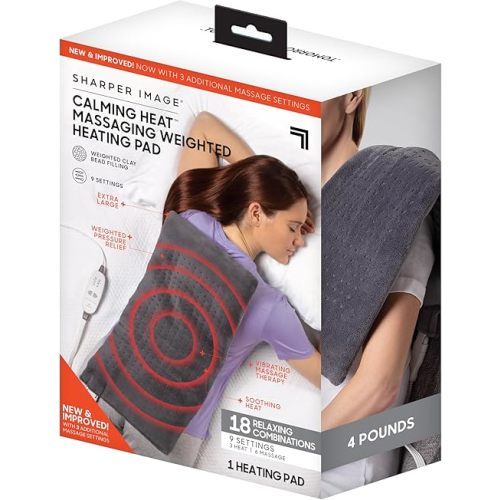 Calming Heat Massaging Weighted Heating Pad by Sharper Image- Weighted Electric Heating Pad with Massaging Vibrations, 6 Settings- 3 Heat, 3 Massage- 9 Relaxing Combinations, 12” x 24”, 4 lbs
