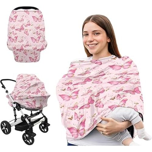 Car Seat Cover Baby Butterfly Privacy Breathable Pink Breastfeeding Cover Stretchy Nursing Cover up for Breastfeeding Multi-Use Winter Carseat Cover for Baby Stroller Covers