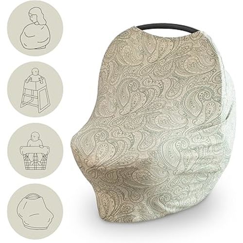 mushie Baby Car Seat Canopy Cover | Breathable & Stretchy Multi Use Cover for Breastfeeding, Nursing, High Chair, Shopping Cart, Strollers (Green Paisley)