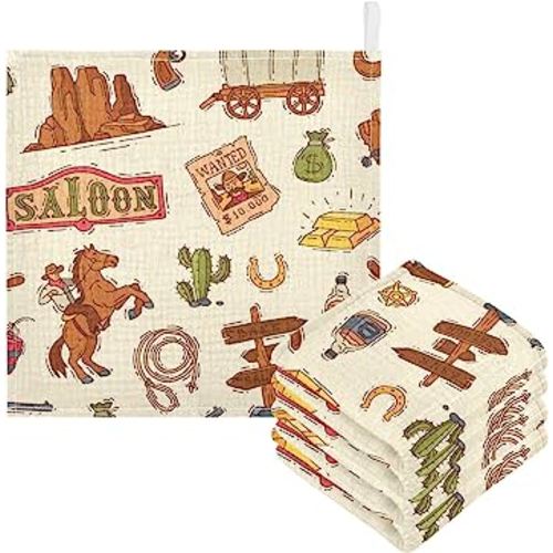 Cowboy Sheriff Baby Burp Cloths for Boys Girls, 3 Pack Wild West Western Baby Muslin Washcloths Newborn Face Bath Towel Soft Absorbent Cotton Wash Cloth Baby Registry, 12 x 12 Inch