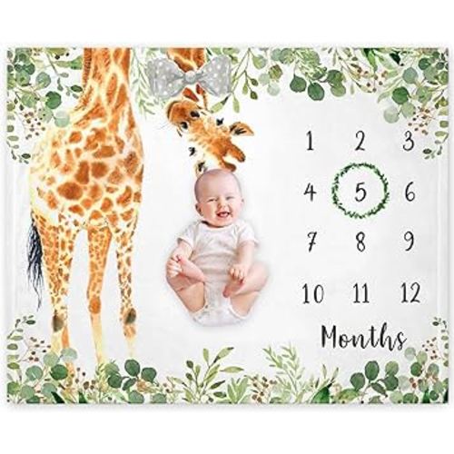 Giraffe Milestone Blanket, Safari Baby Growth Chart Monthly Blanket, Watch Me Grow Jungle Baby Nursery for New Moms Baby Shower(50"x40")