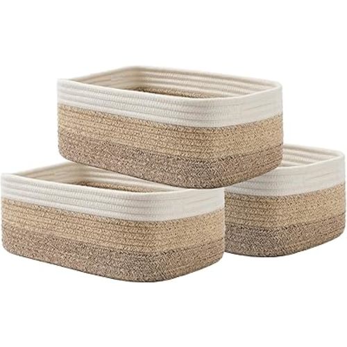 Small Woven Basket, 13.5 x 9.5 x 5 Inches, Storage Basket for Organizing, Cute Small Rope Shelf Closet Cube Storage Bins Baskets for Shelves, Dog Toy Gift Baskets Empty, 3 Pack Gradient Brown