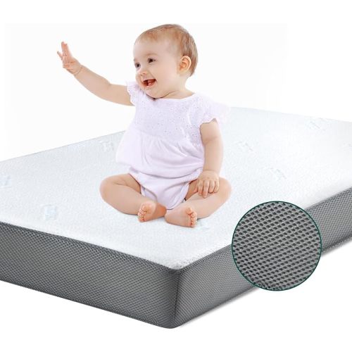 BABELIO Premium Memory Foam Crib Mattresses, 2-Stage, with Waterproof Lining & Removable Cover, for Standard Toddler Bed White and Grey