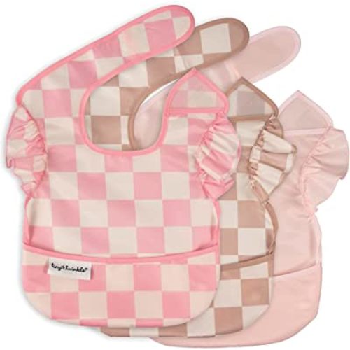 Tiny Twinkle Mess Proof Baby Bibs for Eating - Waterproof, Wipeable Bibs - Toddler Bibs - Travel Friendly - PFAS, PVC, BPA, Phthalate Free - Baby Food Bibs(3 Pack,Checkers Girl)