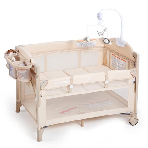 Rinnebbit Baby Bassinets Bedside Sleeper, 4 in 1 Portable Bedside Crib w/Mattress, Diaper Changer, Storage Basket, Music Box, Carry Bag, Foldable Playard Sleeper for Newborn (Beige)