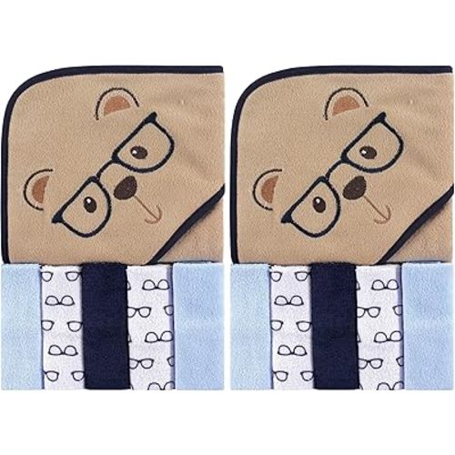 Luvable Friends Unisex Baby Hooded Towel with Five Washcloths, Smart Bear, One Size (Pack of 2)