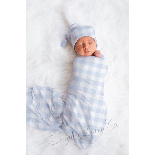 Baby Boy Swaddle Blanket, Blue Swaddle with Beanie, Blue Gingham Check