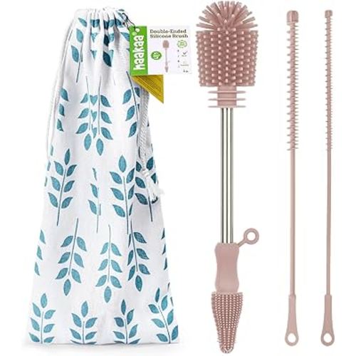 Haakaa Silicone Cleaning Brush Kit - Baby Bottle Brush Cleaner for Breast Pump,Nipple,Breast Milk Storage Bag,Reusable Straw,Sippy Cup - Food Grade Silicone Bristles, Portable - 3 Pcs - Pink