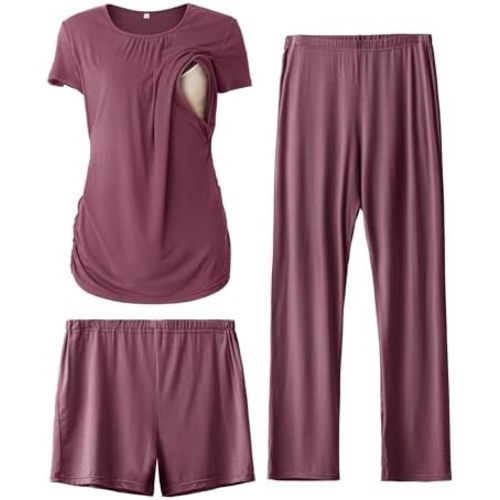 SUNNYBUY Womens Maternity Nursing Pajamas Set, Short Sleeve Breastfeeding Shirts,Pregnancy Shorts & Pants 3 Piece Nursing PJS