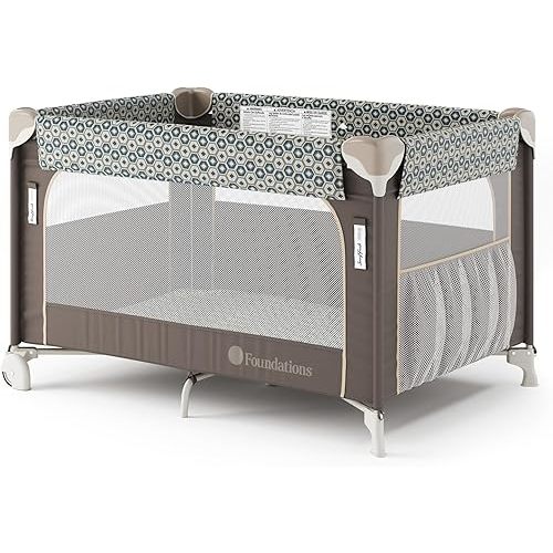 Foundations SnugFresh Elite Baby Play Yard with Wheels and Washable Cover, Commercial-Grade Portable Play Pen for Toddlers & Infants with Pack and Play Mattress, Foldable for Travel, Sahara