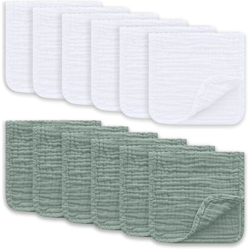 Muslin Burp Cloths Large 100% Cotton Hand Washcloths for Boys & Girls, Baby Essentials Extra Absorbent and Soft Burping Rags for Newborn Registry (White & Green, 12-Pack, 20" X10")
