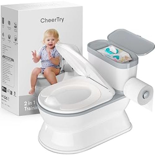 2-in-1 Toddler Potty Training Toilet - Larger Potty Chair & Detachable Training Seat for Boys & Girls Ages 1-3 with Flushing Sound, Wipes Storage, Toilet Paper Holder - Grey