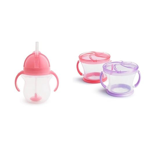 Munchkin® Any Angle™ Weighted Straw Trainer Cup with Click Lock™ Lid, 7 Ounce, Pink & ® Snack Catcher® Toddler Snack Cups, 2 Pack, Pink/Purple - 1 Count (Pack of 1) - Trainer Cup + FOOD,17924