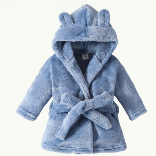 Toddler Boy Simple Fashion Blue Long Sleeve Hooded Tie Waist Warm Bathrobe Sleepwear