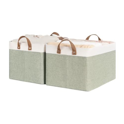StorageWorks Storage Bins, Fabric Storage Bins for Shelves, Large Storage Baskets with Metal Frame, Closet Baskets and Bins with Handles, Green and White, 2-Pack