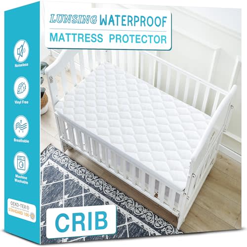 Lunsing Waterproof Crib Mattress Protector, Soft Breathable Crib Size Mattress Pad Cover, 3-10 inches Deep Pocket, White